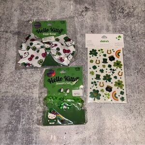 St Patrick’s Hello Kitty Set, Hair Bow, Jewelry Set, Body Stickers NEW